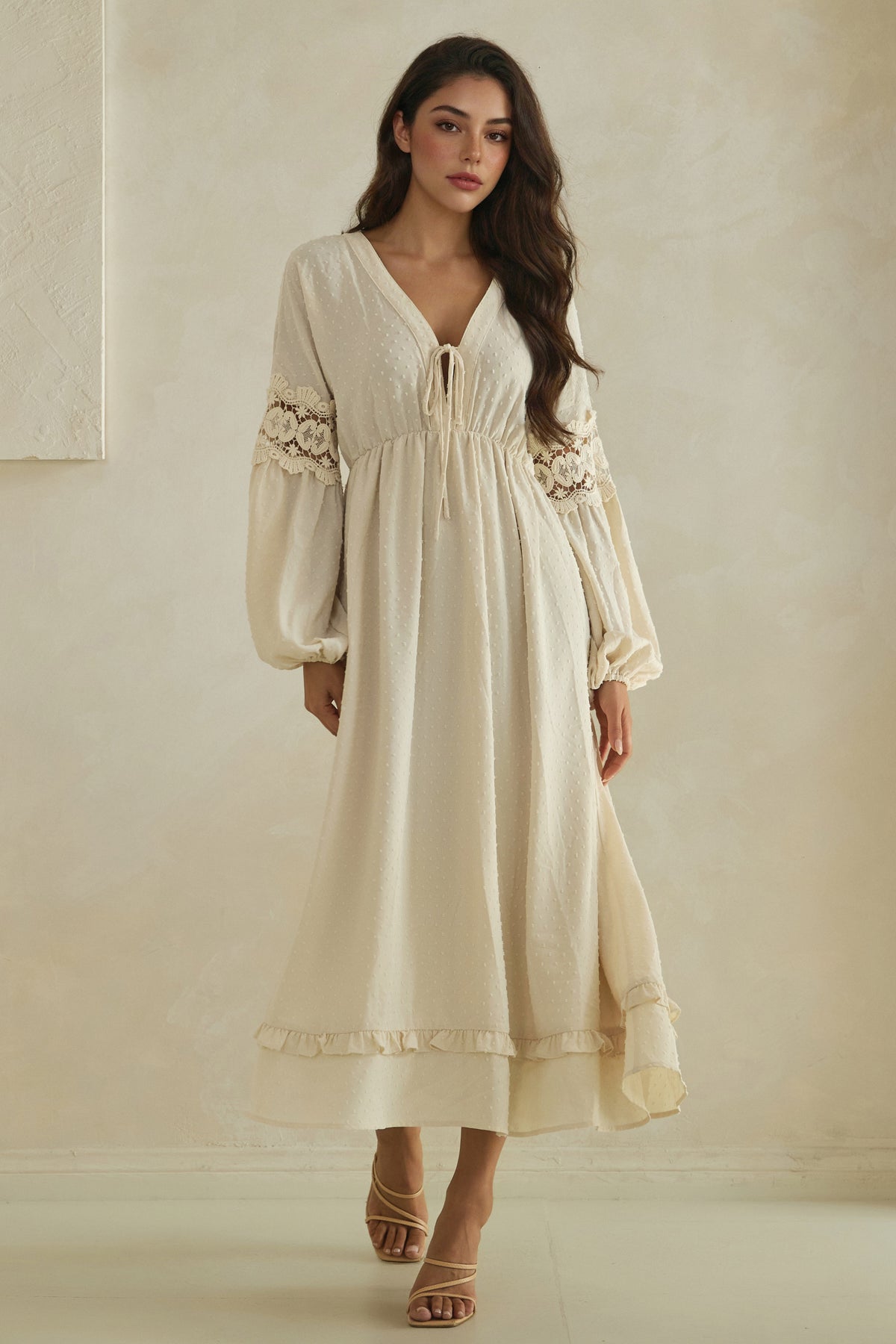 The Swiss Dot Lace-Trim Maxi Dress