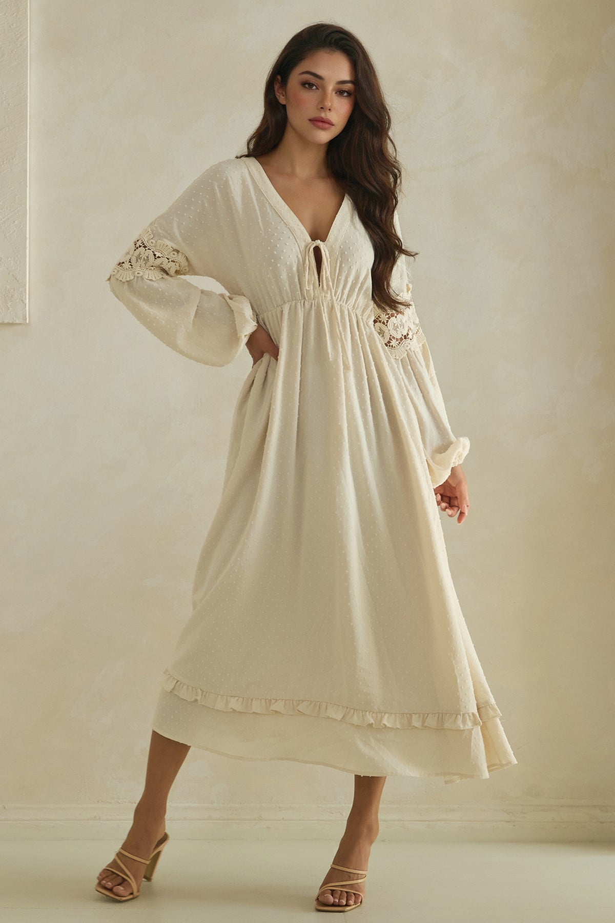The Swiss Dot Lace-Trim Maxi Dress