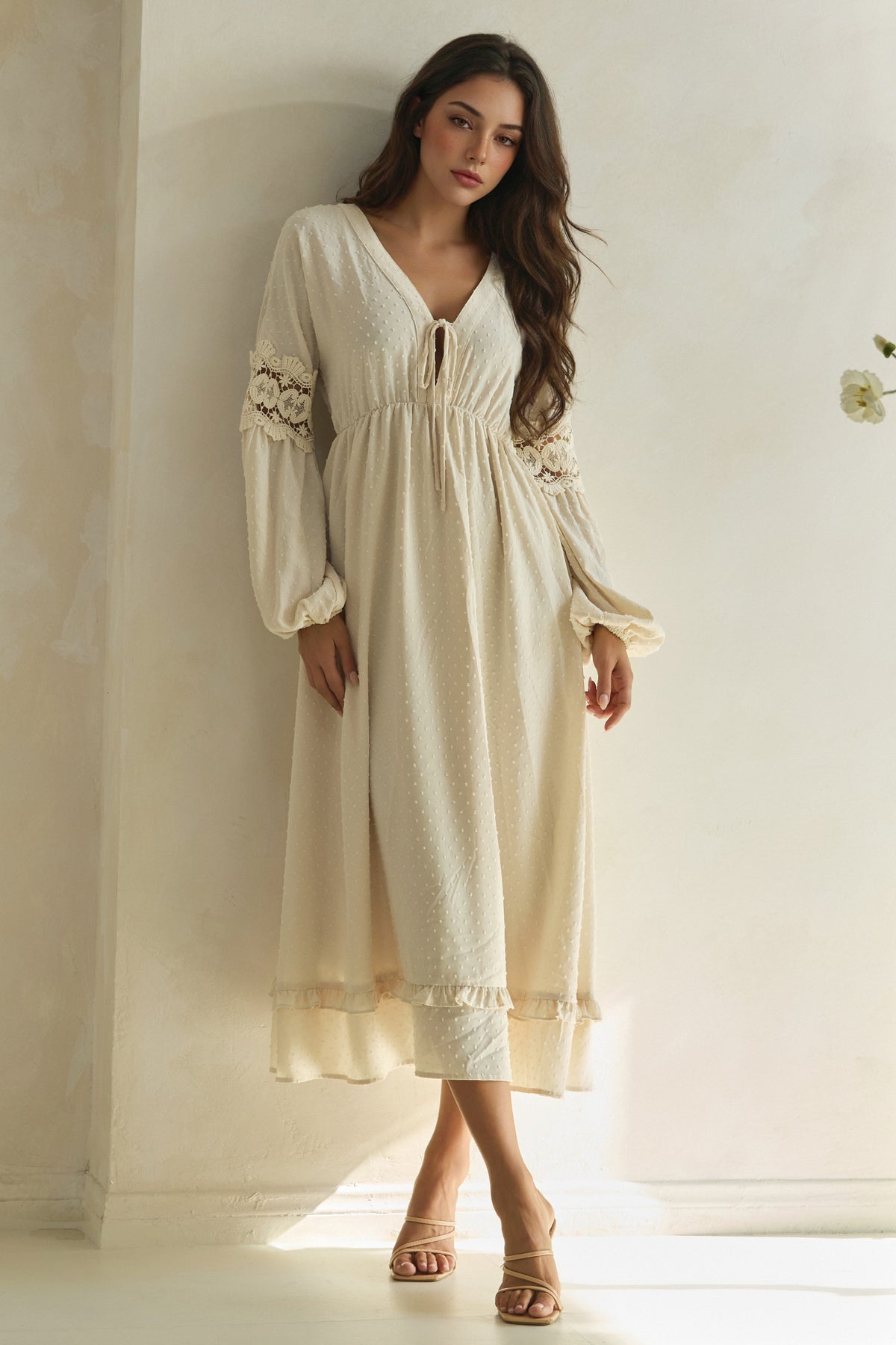 The Swiss Dot Lace-Trim Maxi Dress