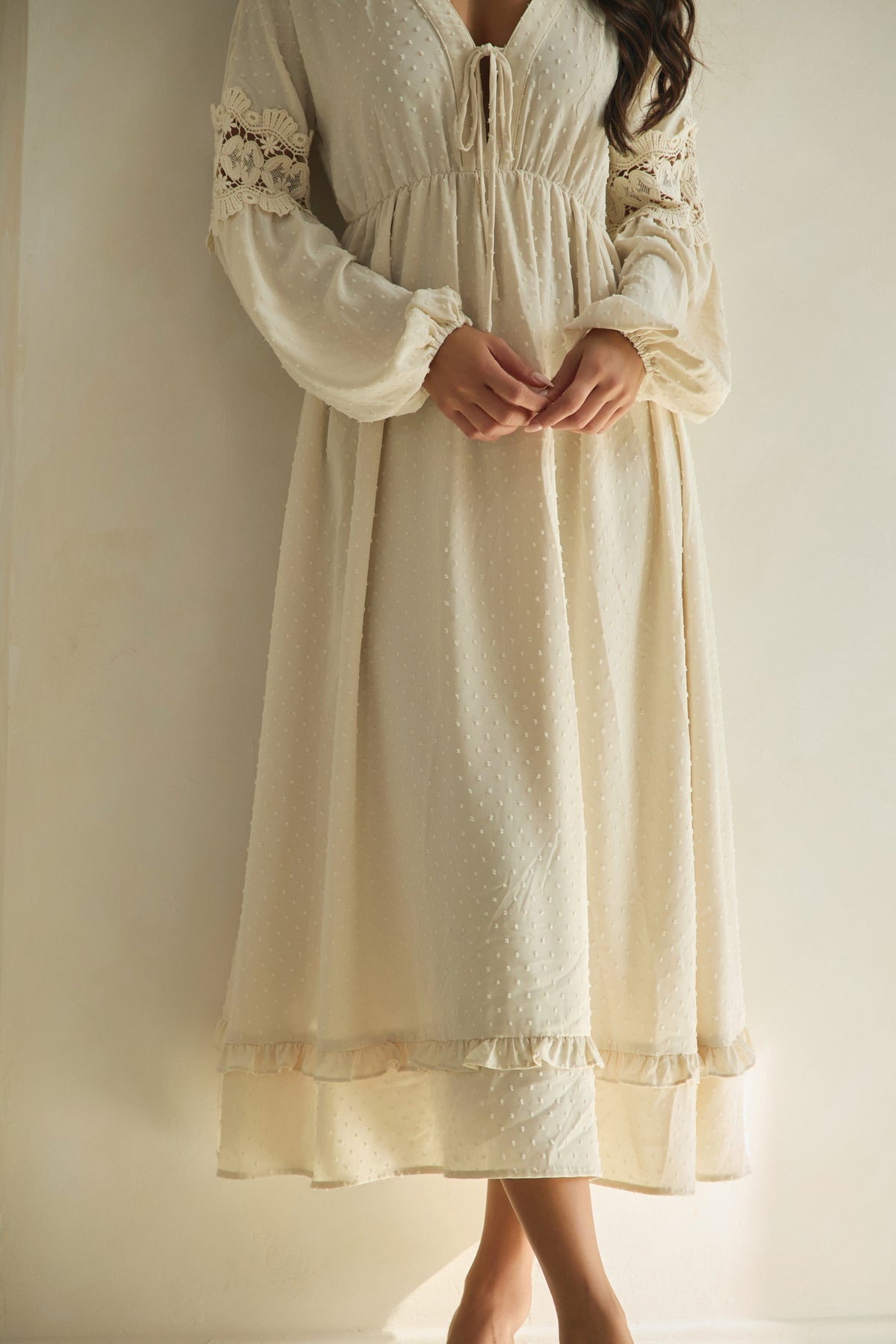 The Swiss Dot Lace-Trim Maxi Dress